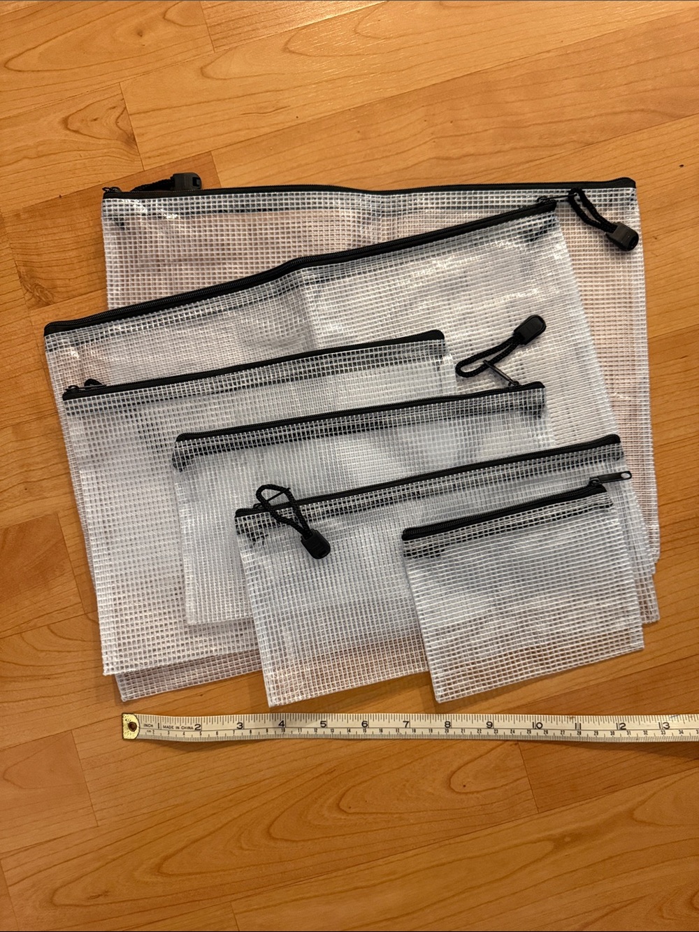 Clear Mesh Zip Pouches Set - White with Black Zippers